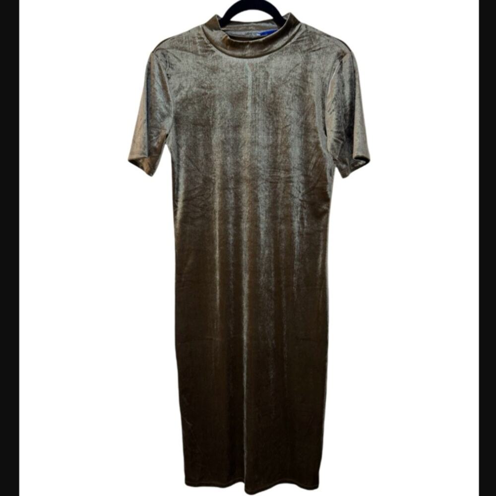 Zara Velvet Mock Neck Bodycon Midi Dress - Olive Green Size M - Picture 3 of 5